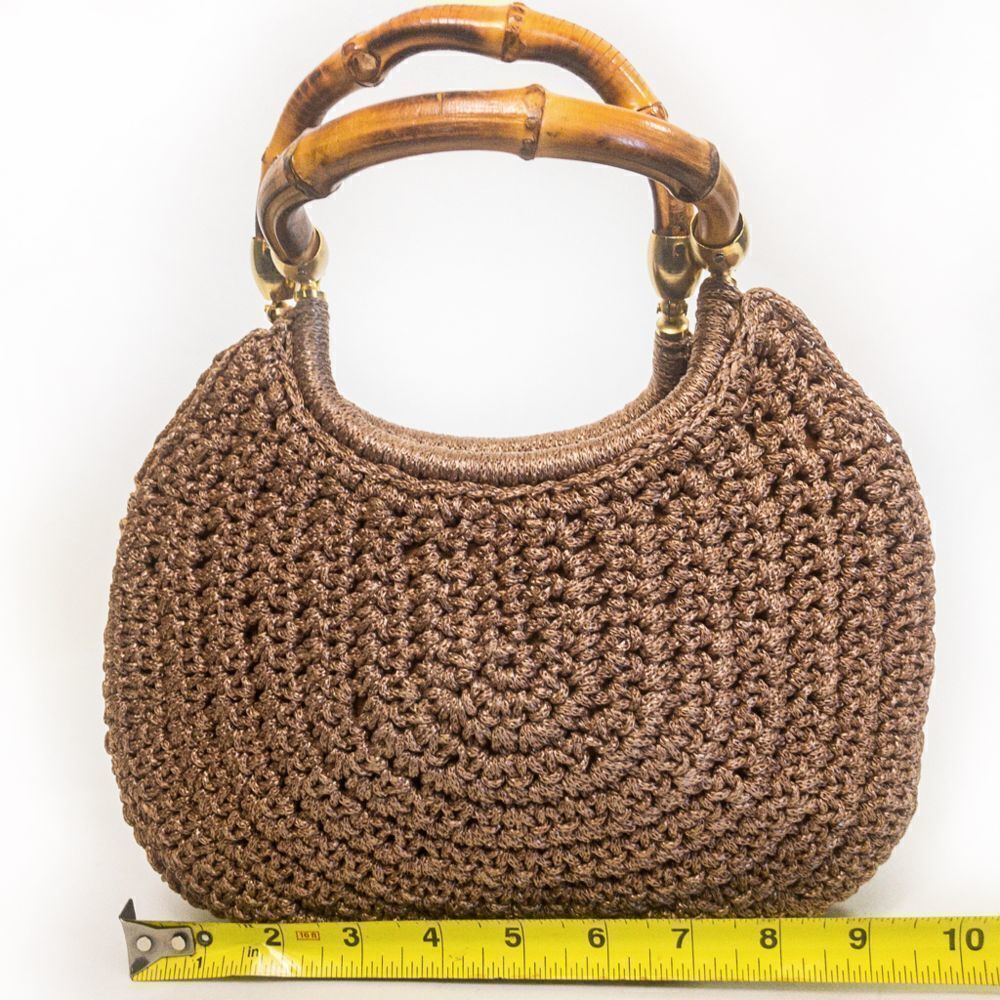 Vintage Brandeis Brown Macrame Clamshell Handbag Bamboo Handles - Picture 13 of 13